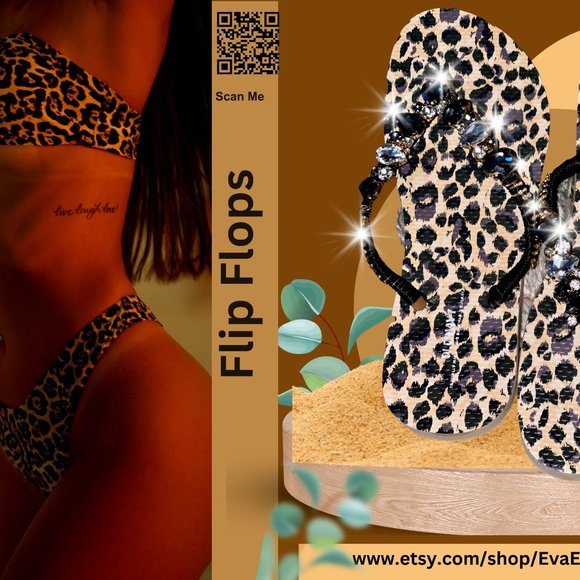 Newly Decorated Leopard Beach Flip Flops, Rhinestones, Shoes, Bridal Sandals - Picture 10 of 16